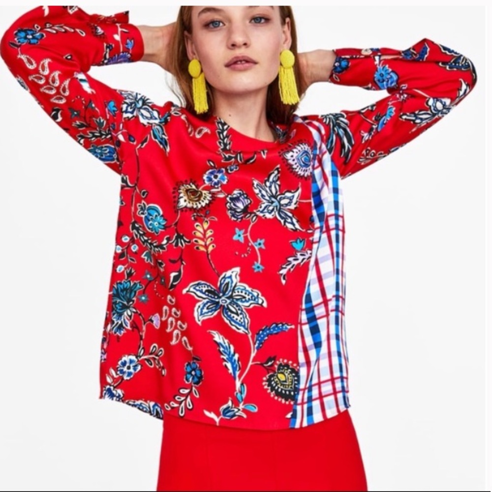 Zara Red Floral Print Plaid Patchwork Blouse Size M